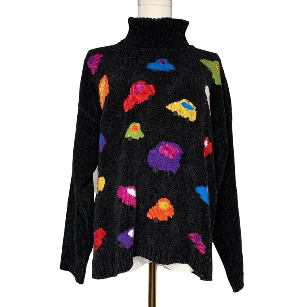 Vintage 90s Black Turtleneck Car Print Novelty Sweater Retro Whimsigoth Grunge